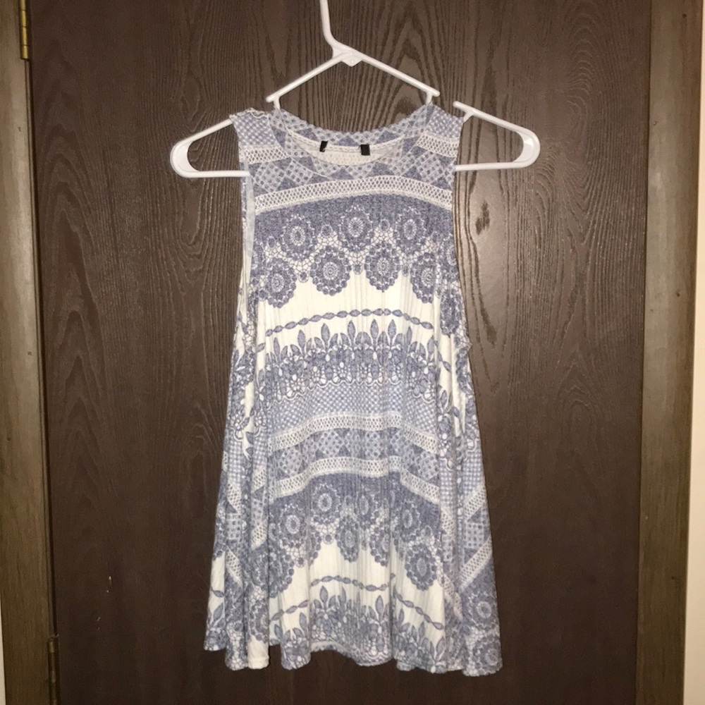 Blue and white patterned blouse